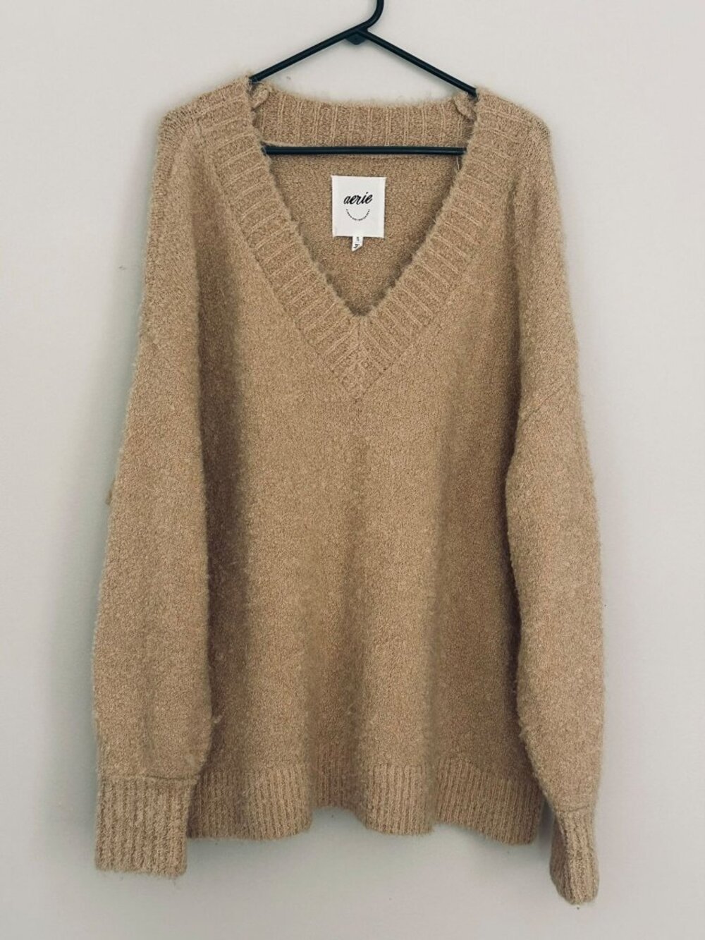 Aerie Oversized V-Neck Teddy Fuzzy Sweater XL Tan Fisherman Casual Minimalist